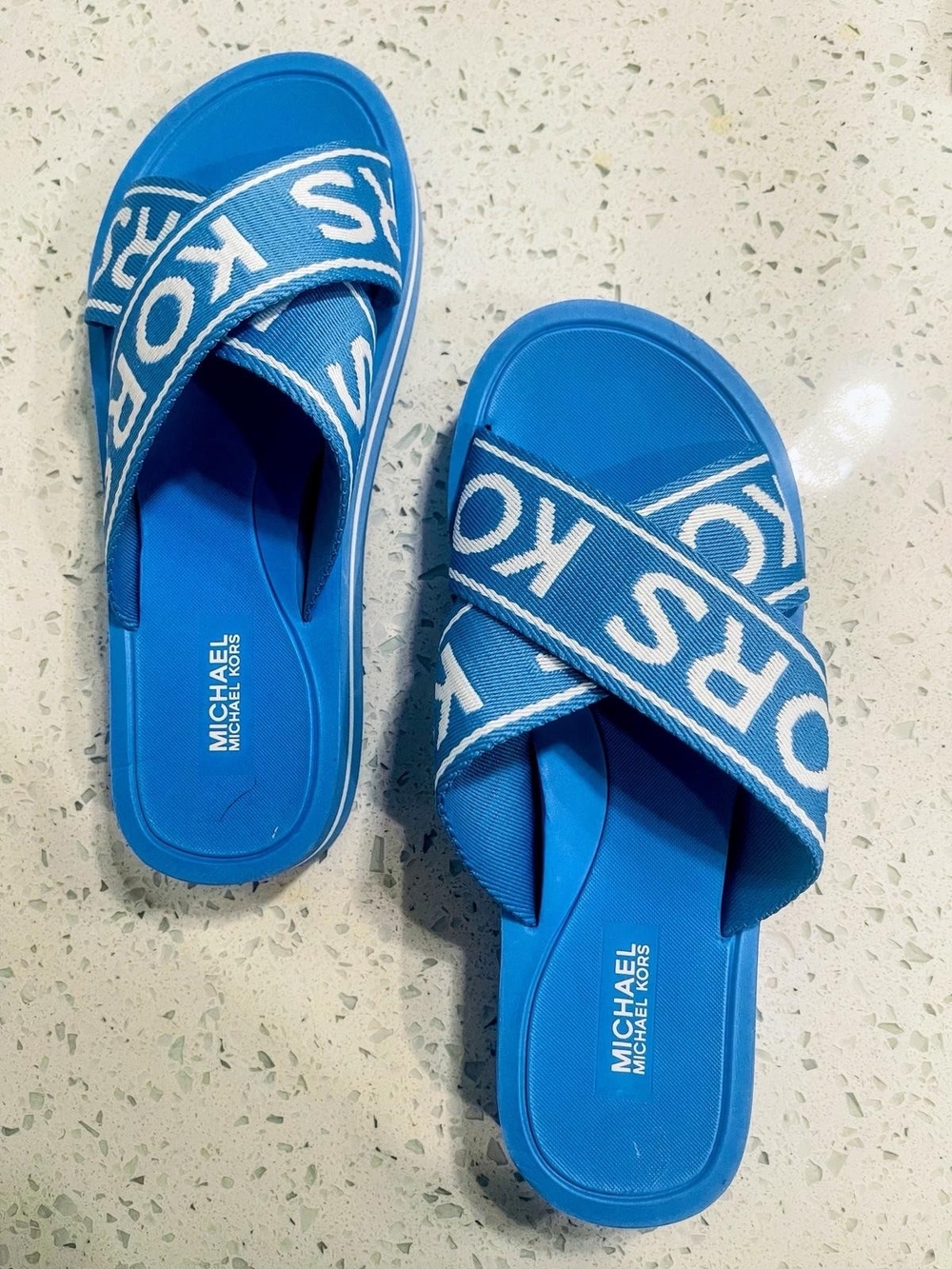 Michael Kors Kids Bright Blue Crisscross Logo Slide Sandals Size 7
